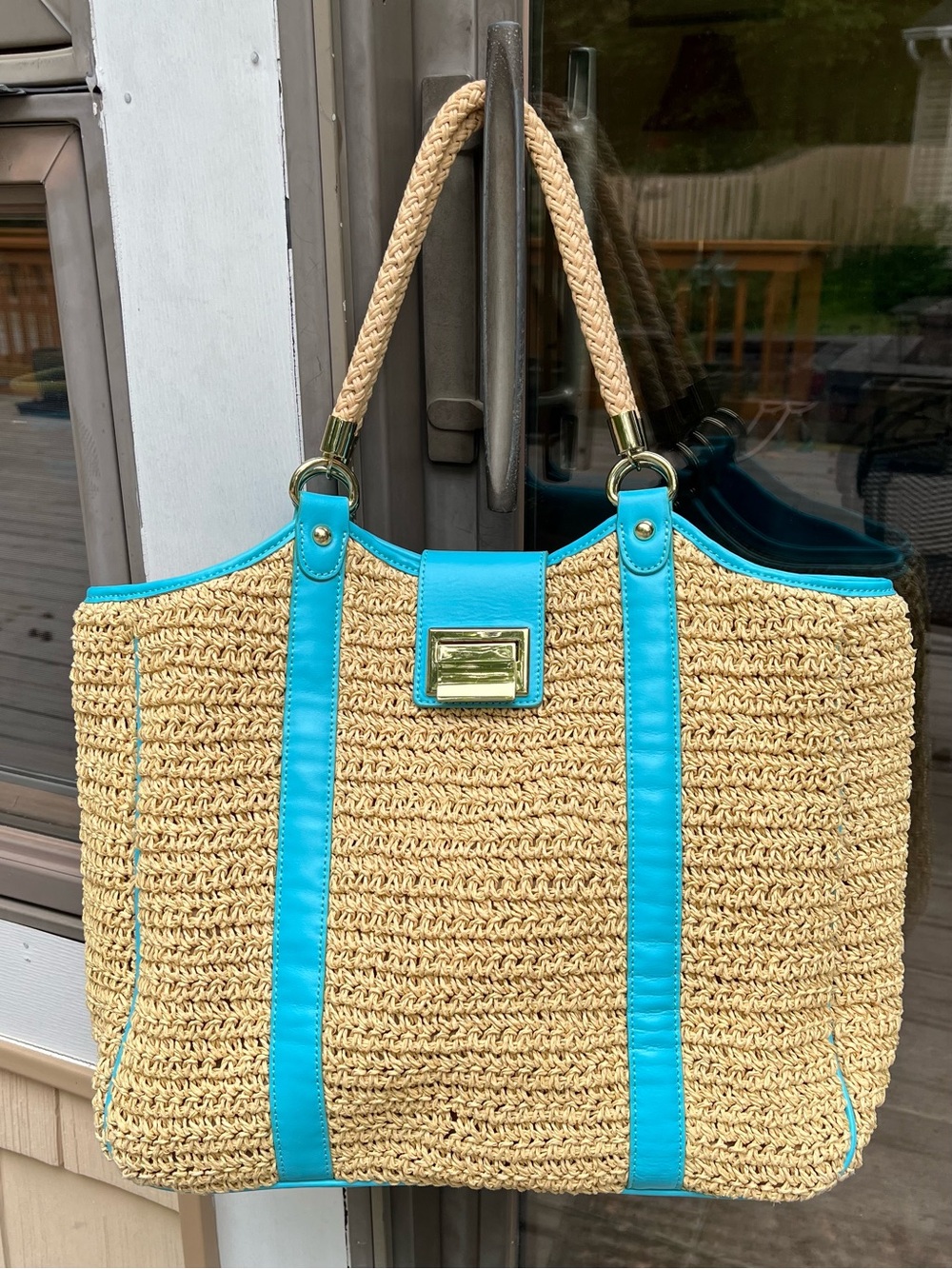 Talbots straw tote with blue leather trim